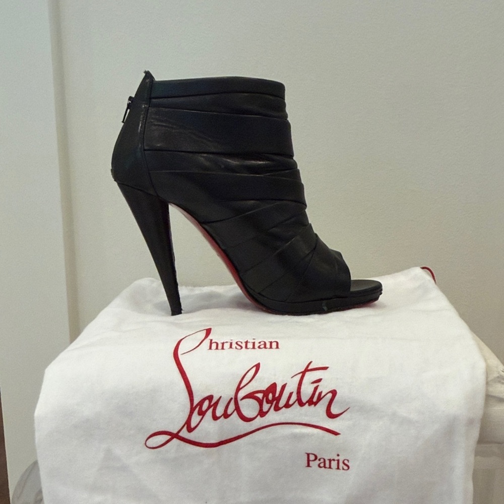 Christian Louboutin Black Leather Peep-Toe Wrap Booties - Picture 5 of 5